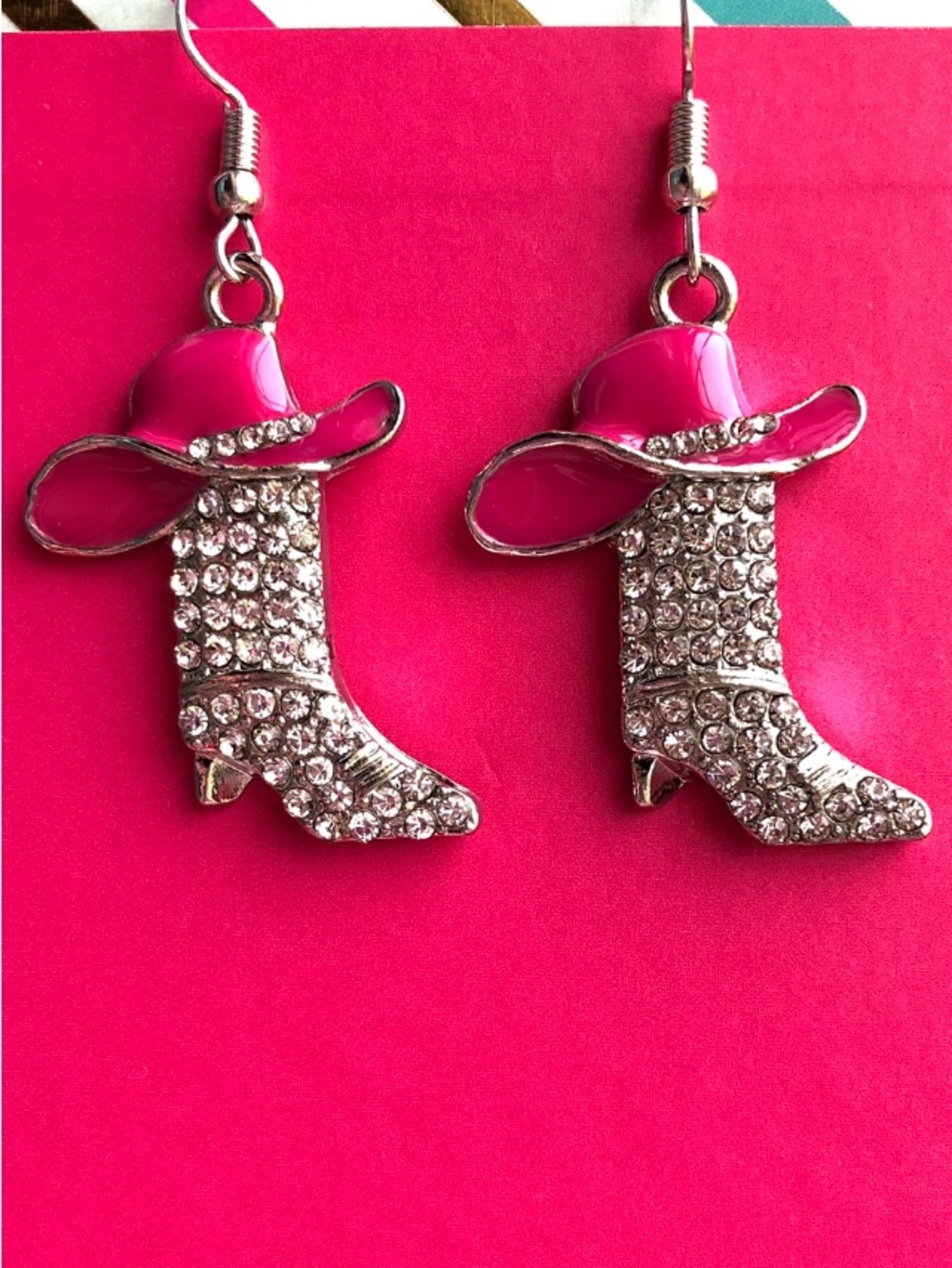 Pink Cowboy Boot Crystal Dangle Earrings - Picture 2 of 3
